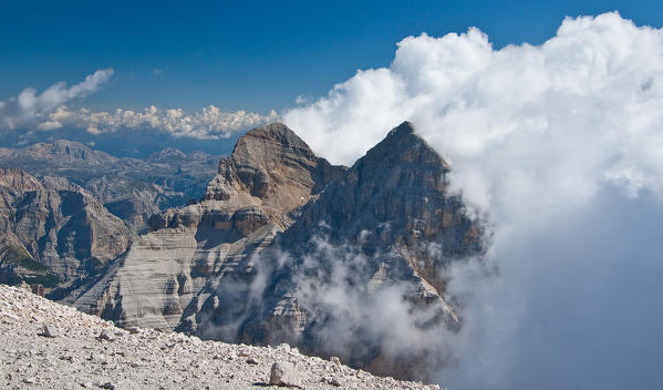 Threatening clouds gathering on the top of the Tofane di Mezzo and di Dentro - Shot taken from the Tofana di Rozes - Dolomites, Trentino Alto Adige Italy Europe