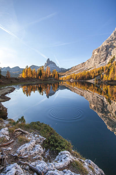 Lake Federa, one of the most fascinating view in the Dolomites. In the background the high and sinuous shape of Beco di Mezzodì, risind from the autumnal colours which are surrounding the Palmieri Hut  Dolomites,Trentino Alto Adige Italy Europe