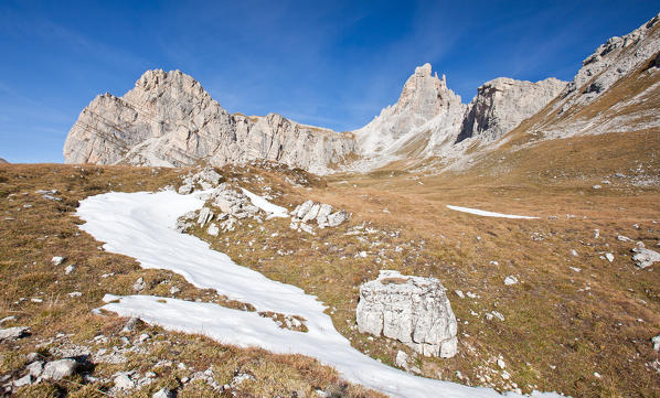 Cima Ambrizzola and Lastoni di Formin seen from Mondeval, Dolomites, Selva di Cadore, province of Belluno, Veneto, Italy