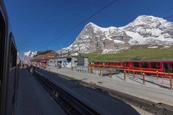 The Wengen station of Wengernalpbahn rail rack surrounded by snowy peaks Bernese Oberland canton of Bern Switzerland Europe