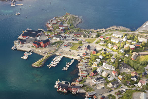 Top view of the typical village framed by the blue sea  Reinebringen Moskenes Lofoten Islands Norway Europe