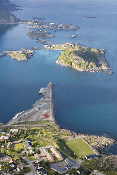 Top view of the typical village framed by the blue sea  Reinebringen Moskenes Lofoten Islands Norway Europe