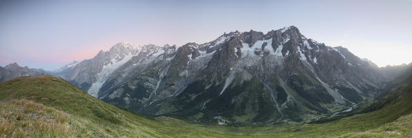 Panorama of the rocky ridges of Mont De La Saxe at sunrise Courmayeur Aosta Valley Italy Europe