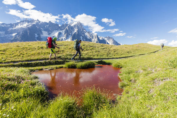 Hikers on path in the green meadows with Mont De La Saxe in the background Courmayeur Aosta Valley Italy Europe