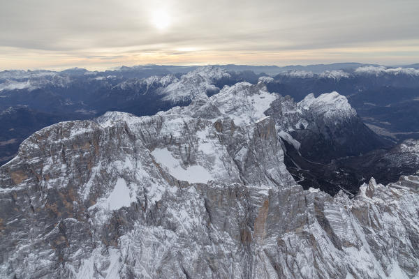 Aerial view of the rocky peaks of Monte Civetta Ampezzo Dolomites Province of Belluno Veneto Italy Europe