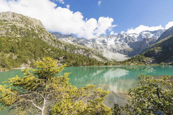 Rocky peaks and woods are reflected in Aviolo Lake Vezza D'Oglio Camonica Valley province of Brescia Lombardy Italy Europe