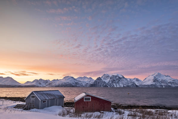 Pink sky at sunset on the wooden huts called Rorbu framed by frozen sea and snowy peaks Djupvik Lyngen Alps Tromsø Norway Europe