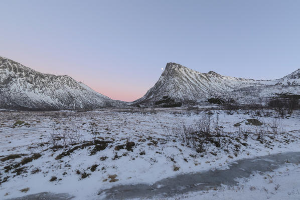 Pink sky at sunrise lights up the snowy peaks in the arctic winter Hamn i Senja Bergsfjordens Tromsø Norway Europe