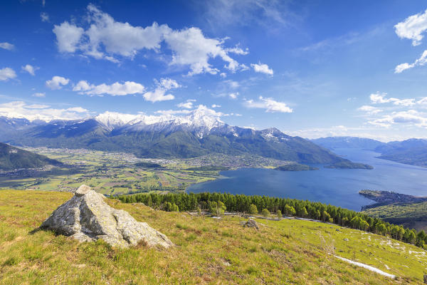 Lake Como framed by green meadows and woods in spring Montemezzo Alpe Zocca Lombardy Italy Europe