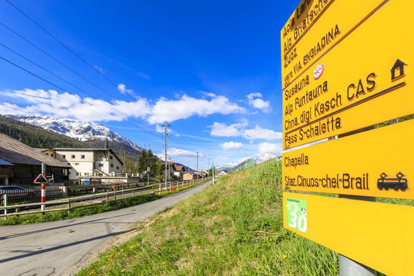 Railway tracks in the alpine village of S-chanf, canton of Graubünden, Maloja Region, Switzerland, Europe