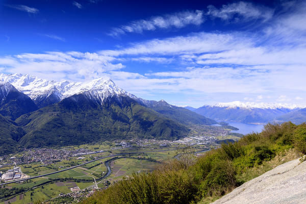 Snowy peaks of Rhaetian Alps in spring seen from Prati Nestrelli, Civo, province of Sondrio, Valtellina, Lombardy, Italy, Europe