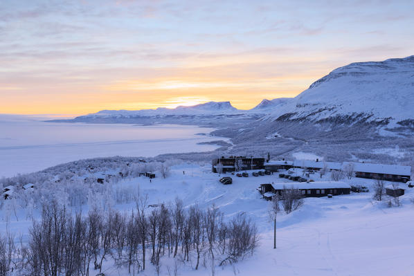 Sunrise on the snowy landscape, Bjorkliden, Abisko, Kiruna Municipality, Norrbotten County, Lapland, Sweden