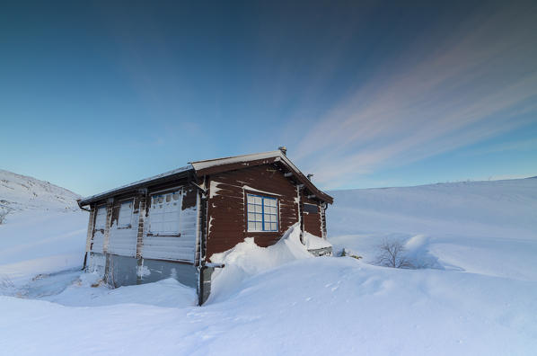 Isolated house in the snow, Riksgransen, Abisko, Kiruna Municipality, Norrbotten County, Lapland, Sweden