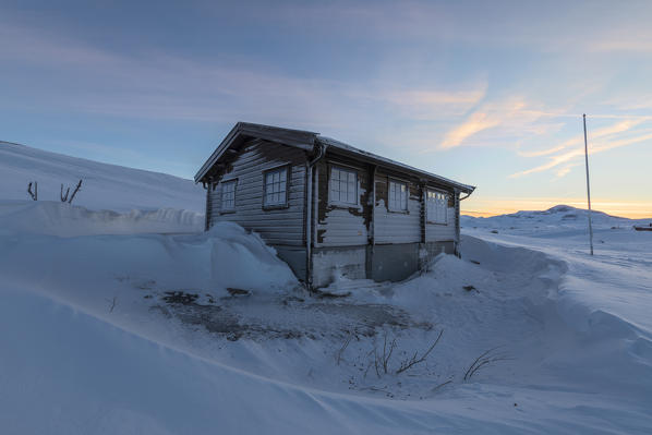 Isolated house in the snow, Riksgransen, Abisko, Kiruna Municipality, Norrbotten County, Lapland, Sweden