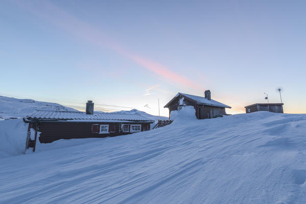 Houses covered with snow, Riksgransen, Abisko, Kiruna Municipality, Norrbotten County, Lapland, Sweden