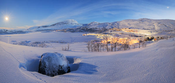 Panoramic of the illuminated village at dusk, Riksgransen, Abisko, Kiruna Municipality, Norrbotten County, Lapland, Sweden