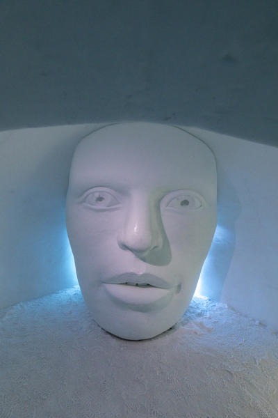 Ice sculpture of human head, Ice Hotel, Jukkasjarvi, Kiruna, Norrbotten County, Lapland, Sweden