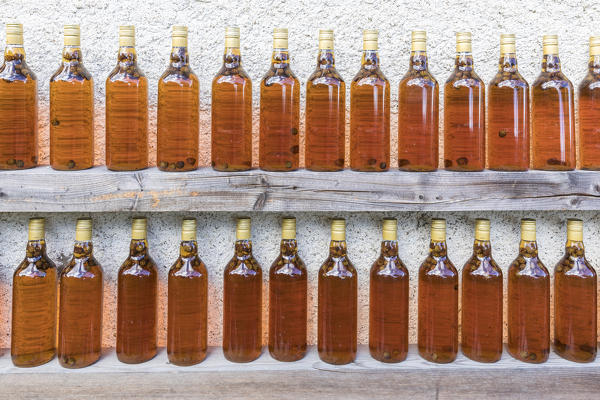 Bottles of typical liquor called grappa, San Romerio Alp, Brusio, Canton of Graubünden, Poschiavo valley, Switzerland