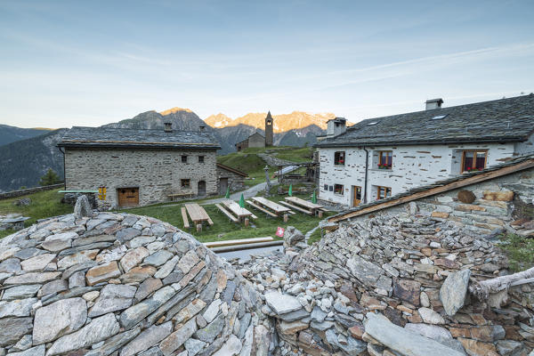 Mountain retreat and old stone caves called Crotto, San Romerio Alp, Brusio, Canton of Graubünden, Poschiavo valley, Switzerland