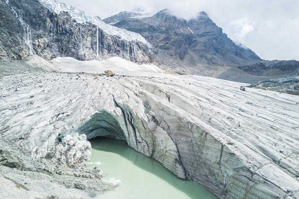 Aerial view of the glacial lake at the foot of Fellaria Glacier, Malenco Valley, Valtellina, Lombardy, Italy