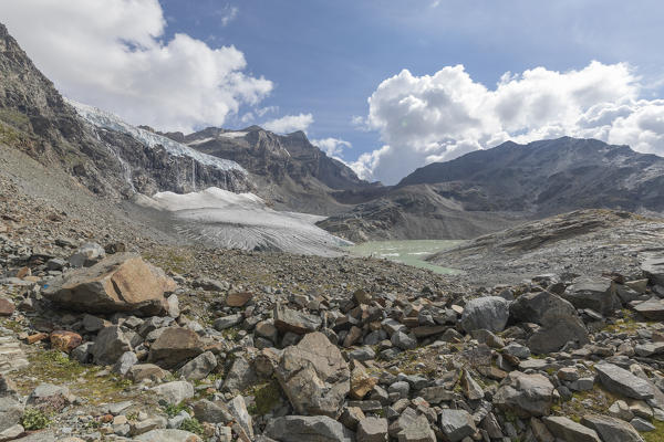 Glacial lake and Fellaria Glacier seen from path Sentiero Glaciologico Luigi Marson, Malenco Valley, Valtellina, Lombardy, Italy