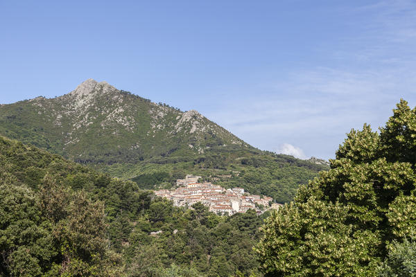 The village of Marciana on the hills of Monte Capanne seen from Poggio, Elba Island, Livorno Province, Tuscany, Italy