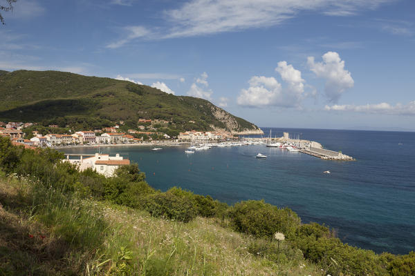 Overview of harbor and turquoise sea, Marciana Marina, Elba Island, Livorno Province, Tuscany, Italy