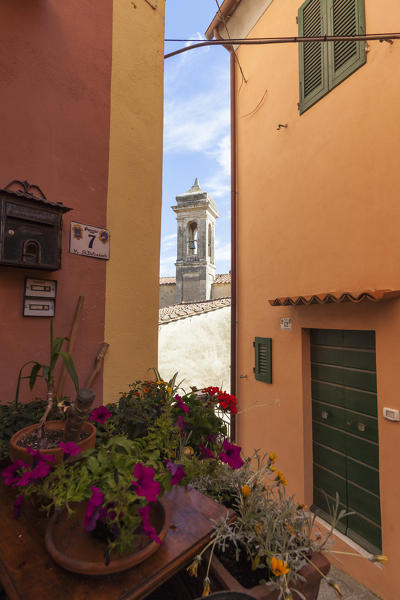 View of bell tower from a typical alley, Poggio, Marciana, Elba Island, Livorno Province, Tuscany, Italy