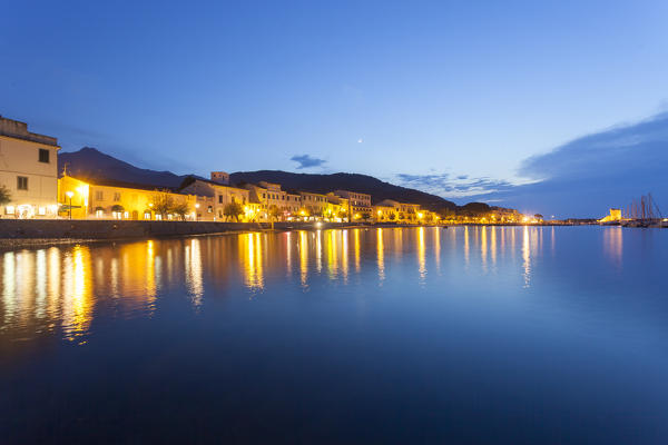 The old village of Marciana Marina at dusk, Elba Island, Livorno Province, Tuscany, Italy