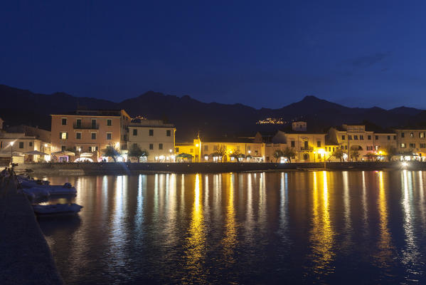 The old village of Marciana Marina at dusk, Elba Island, Livorno Province, Tuscany, Italy