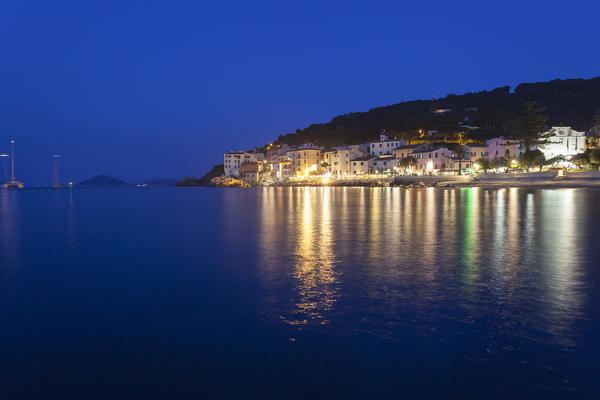 The old village of Marciana Marina at dusk, Elba Island, Livorno Province, Tuscany, Italy