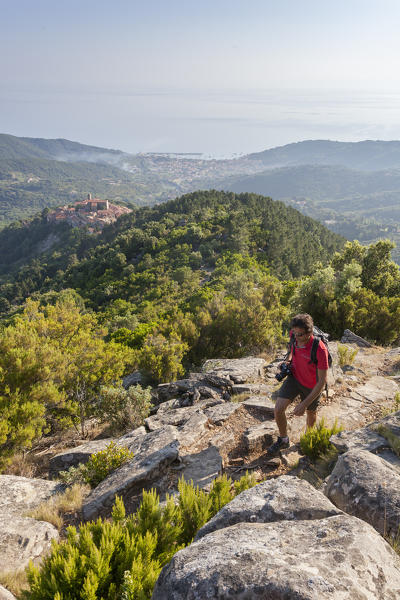 Hiker on path towards Monte Capanne, Elba Island, Livorno Province, Tuscany, Italy