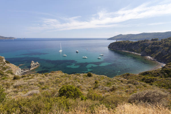 Sailboats in the turquoise sea, Sant'Andrea Beach, Marciana, Elba Island, Livorno Province, Tuscany, Italy