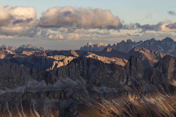 Aerial view of the rocky peaks of Catinaccio Group (Rosengarten) at sunset, Dolomites, South Tyrol, Italy