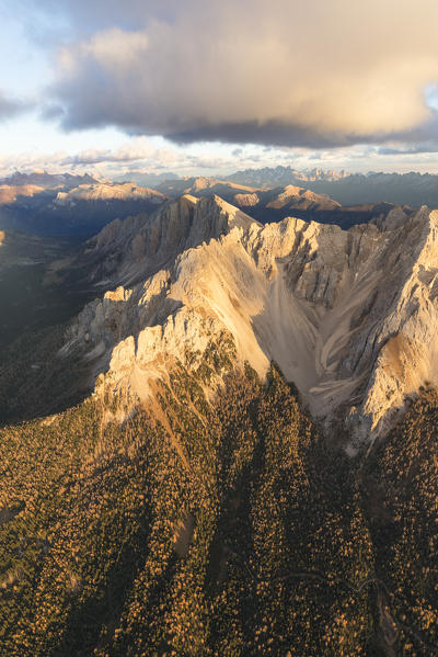 Aerial view of woods on the ridges of Latemar massif, Dolomites, South Tyrol, Italy