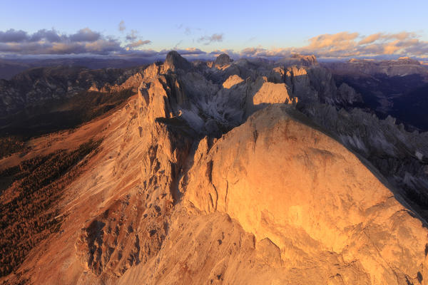 Aerial view of Roda Di Vael at sunset, Catinaccio Group (Rosengarten), Dolomites, South Tyrol, Italy