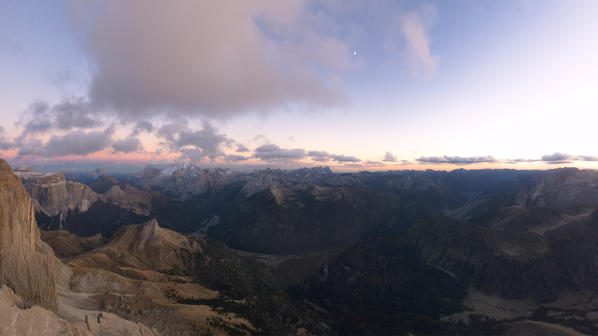 Panoramic aerial view of  Val di Fassa, Marmolada, Sass Pordoi, Dolomites, Trentino Alto Adige, Italy