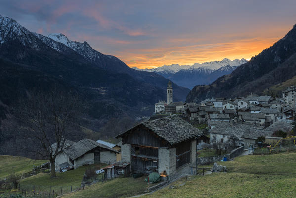 Sunset over the alpine village of Soglio, Bregaglia Valley, Maloja Region, Canton of Graubunden, Switzerland