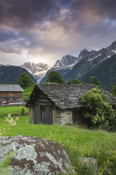 The alpine village of Soglio at dawn, Bregaglia Valley,  Maloja Region, Canton of Graubunden, Switzerland