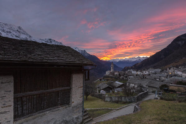 Apine village of Soglio at sunset, Bregaglia Valley, Maloja Region, Canton of Graubunden, Switzerland