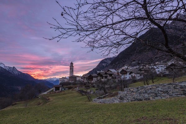 Apine village of Soglio at sunset, Bregaglia Valley, Maloja Region, Canton of Graubunden, Switzerland