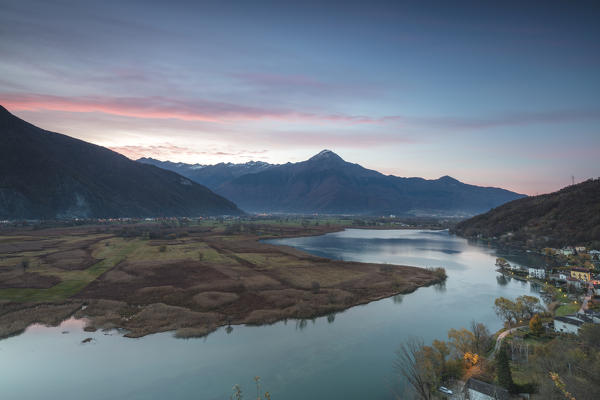 Dascio at sunrise, Nature Reserve of Pian di Spagna, Sorico, Chiavenna Valley, province of Como, Valtellina, Lombardy, Italy