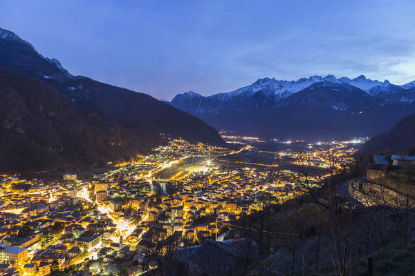 The village of Chiavenna at dusk, Chiavenna Valley, province of Sondrio, Valtellina, Lombardy, Italy