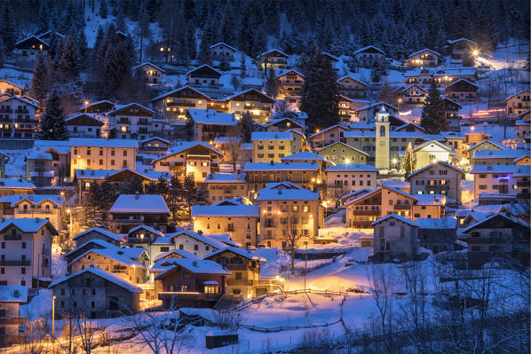 Alpine village of Fraciscio at dusk, Campodolcino, Chiavenna Valley, province of Sondrio, Valtellina, Lombardy, Italy