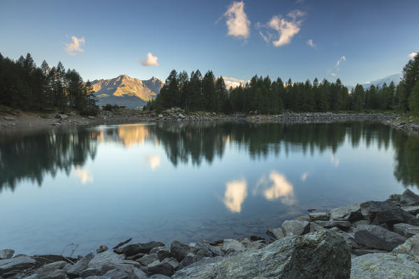 Lago Azzurro at sunrise, Spluga Valley, province of Sondrio, Valtellina, Lombardy, Italy