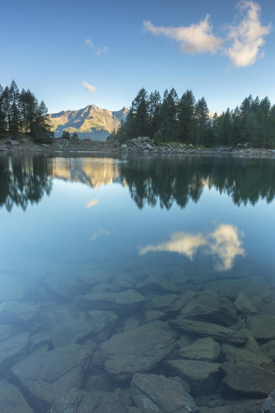 Lago Azzurro at sunrise, Spluga Valley, province of Sondrio, Valtellina, Lombardy, Italy