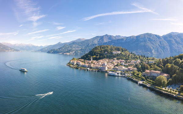 Panoramic aerial view of Lake Como and the village of Bellagio, Province of Como, Lombardy, Italy