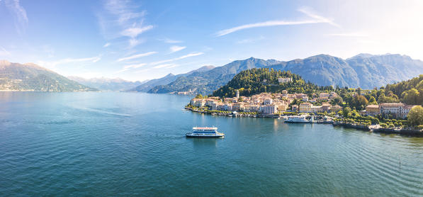 Panoramic aerial view of Lake Como and the village of Bellagio, Province of Como, Lombardy, Italy