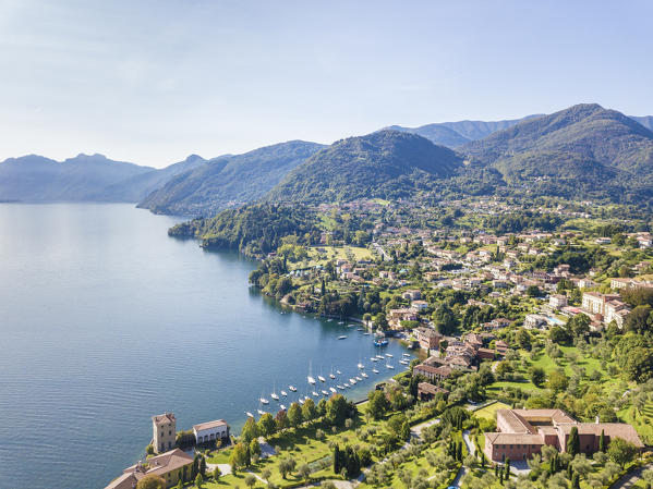 Aerial view of the village of Pescallo on green promontory, Bellagio, Province of Como, Lombardy, Italy