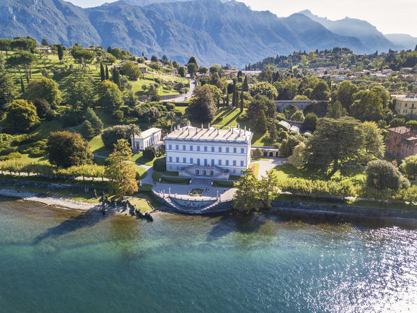 Aerial view of Villa Melzi on the shore of Lake Como, Bellagio, Province of Como, Lombardy, Italy